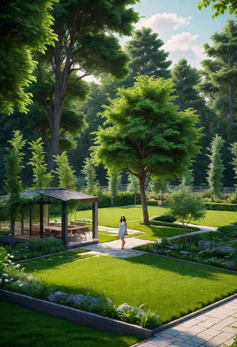 A detailed, high-quality garden scene with lush greenery, modern materials, and a realistic, photorealistic style.

1girl, beautiful detailed eyes,beautiful detailed lips,extremely detailed eyes and face,longeyelashes, walking on a path, surrounded by verdant trees and grass, modern architecture, (best quality,4k,8k,highres,masterpiece:1.2),ultra-detailed,(realistic,photorealistic,photo-realistic:1.37),HDR,UHD,studio lighting,ultra-fine painting,sharp focus,physically-based rendering,extreme detail description,professional,vivid colors,bokeh,landscape,nature,green,modern,architecture