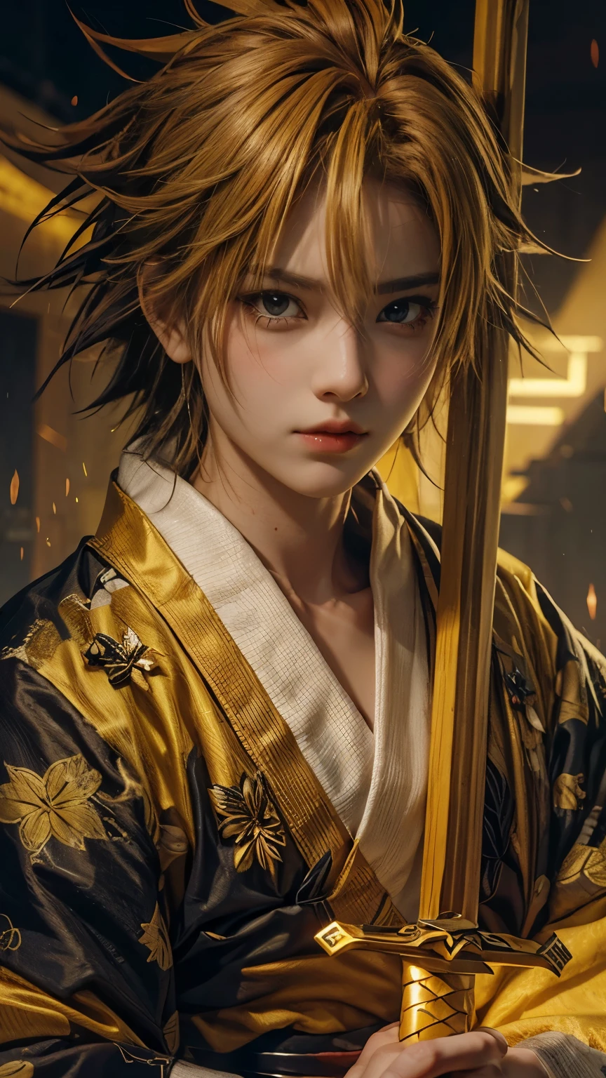 Realistic, Extreme close up, Create an image of an intense anime character girl long hair, with spiky, golden-yellow hair. Holding samurai, The character appears to be in a dramatic moment, with tears streaming down her face and a determined expression. She is wearing a traditional Japanese-style outfit with a distinctive orange and black pattern. The background is dark and dynamic, with sparks, yellow lighting, thunder and energy surrounding the character, enhancing the intense atmosphere.