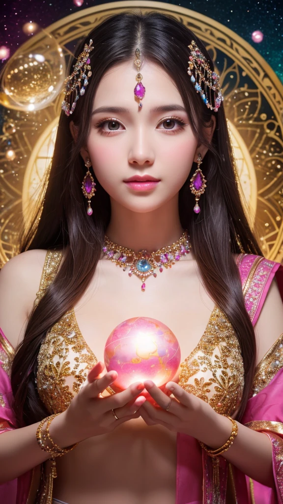 Shining young woman adorned with various gems, holding a large crystal ball in both hands, staring straight into the camera, in the center, very bright colors, light particles, shining, Musib, wallpaper art, UHD wallpaper, background pink, divination to meditate, mysterious