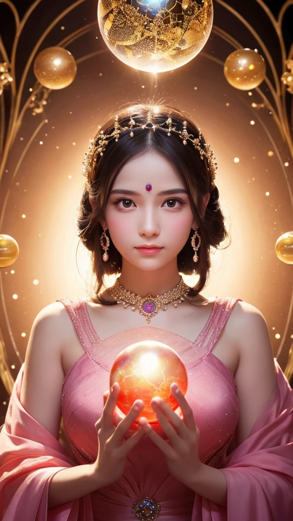 Shining young woman adorned with various gems, holding a large crystal ball in both hands, staring straight into the camera, in the center, very bright colors, light particles, shining, Musib, wallpaper art, UHD wallpaper, background pink, divination to meditate, mysterious