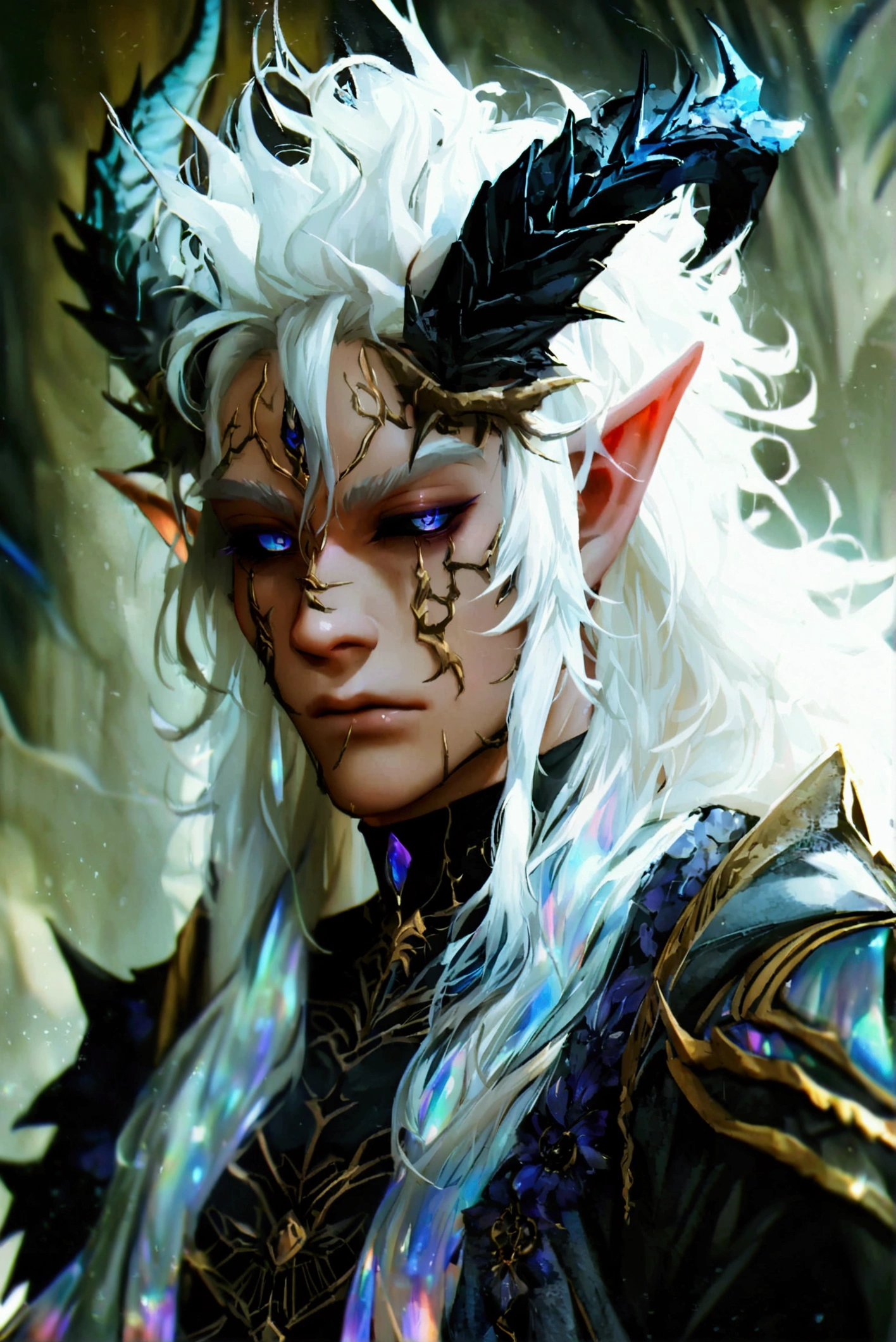 Solo, male , Character fusion: Nibelung fused with nidhoggr, odin and sun wukong, tall tanned man with wild unruly white hair, bangs on face, bangs, ((iridescent irises)), black sclera on eyes, long voluminous hair, spiky hair, pointy ears, fit , clawed fingers, dragon tail, open haori, turtleneck tanktop, dark crystal antlers, exhausted expression, khaenr'ah abyss, draconic person, s9vereign of the abyss, calamity incarnate,  full body