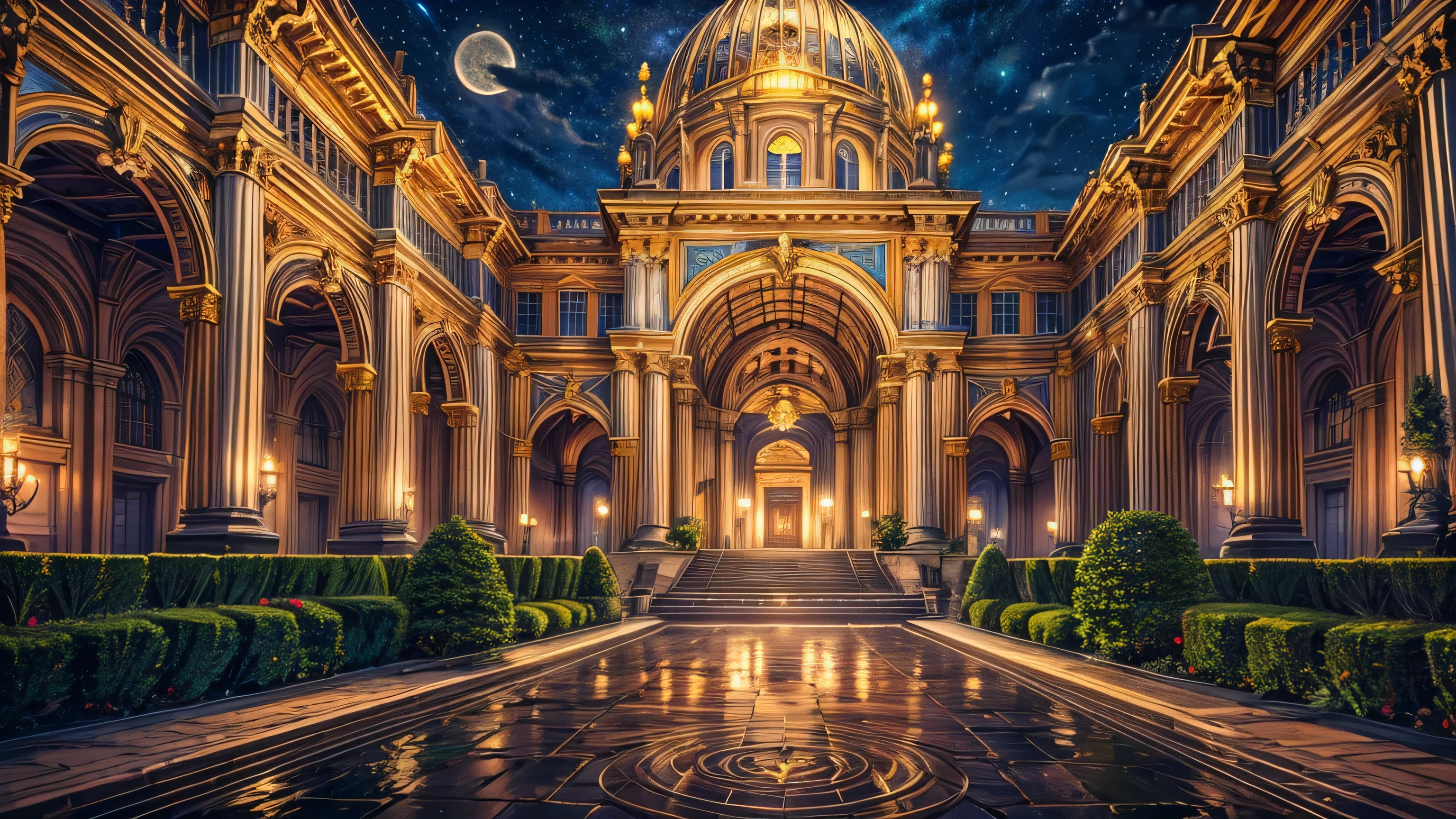 Exterior of a grand, epic magical academy at night. Towering baroque and classical architecture with high ceilings, ornate columns, and intricate details. The building is illuminated with a warm, magical glow, set against a starry night sky and a full moon. The scene has a fantastical, atmospheric feel, with magical elements beyond just living things. The academy is surrounded by geometric gardens filled with colorful flowers and ornate fountains, reminiscent of the palace of Versailles.