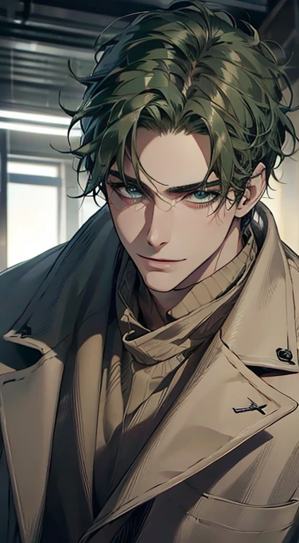 (best quality,4k,8k,highres,masterpiece:1.2),ultra-detailed,(realistic,photorealistic,photo-realistic:1.37),1 man,31 years old,mature man,very handsome,without expression,smile,short green hair,blue eyes,penetrating gaze,perfect face without errors,imposing posture,businessman,office background,cinematic lighting,hdr image