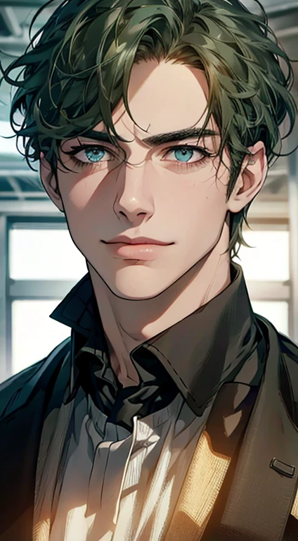 (best quality,4k,8k,highres,masterpiece:1.2),ultra-detailed,(realistic,photorealistic,photo-realistic:1.37),1 man,31 years old,mature man,very handsome,without expression,smile,short green hair,blue eyes,penetrating gaze,perfect face without errors,imposing posture,businessman,office background,cinematic lighting,hdr image
