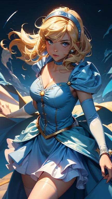 (Dominican: Caribbean:1girl: Cinderella,Superhero), (extremely detailed CG unit 8k wallpaper),(master part), (best quality), (ultra detali), (best illustration),(melhor ombre), cowboy shot, (Sharp eyeliner, ombre, detailedeyes:1), Disney Castle background, ,break , (star15escola:1.2), hair ornament,short hair ,blonde hair, Cameltoe