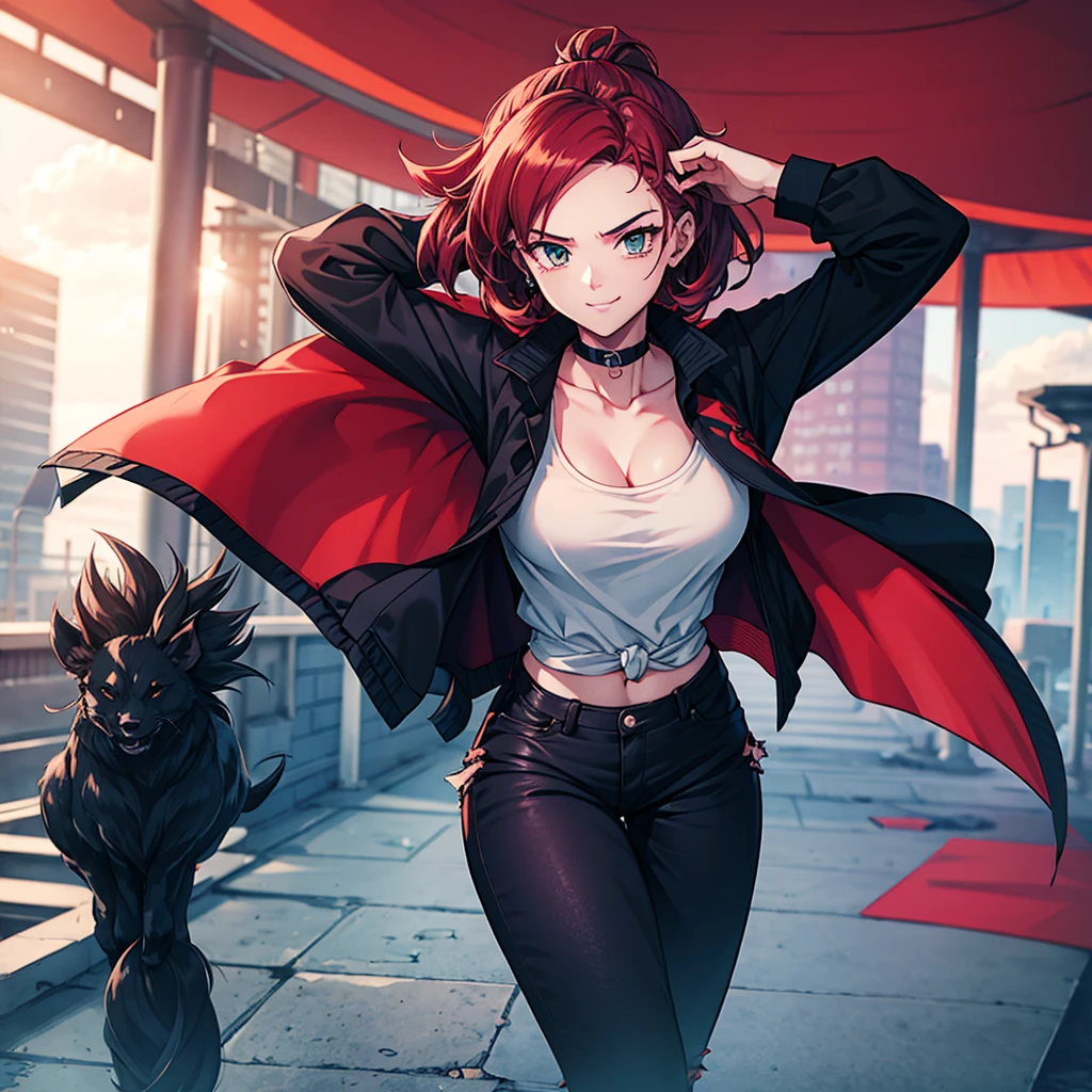 A dragon ball style teenager with dark cherry red hair., green eyes, and a neutral look, along with a smile, standing on top of a building with sunlight behind her, The hair is tied in a low ponytail and is very messy.., he has dark circles under his eyes, she is wearing a navy blue jacket, black t-shirt and black jeans, muscular frame, she looks dangerous and threatening, a tender smile. Ultra resolution, 4k 