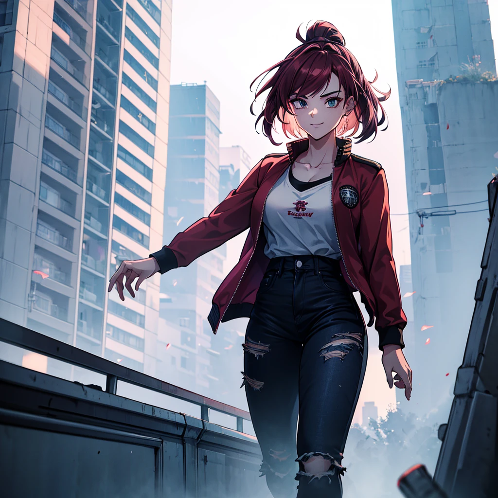 A dragon ball style teenager with dark cherry red hair., green eyes, and a neutral look, along with a smile, standing on top of a building with sunlight behind her, The hair is tied in a low ponytail and is very messy.., he has dark circles under his eyes, she is wearing a navy blue jacket, black t-shirt and black jeans, muscular frame, she looks dangerous and threatening, a tender smile. Ultra resolution, 4k 