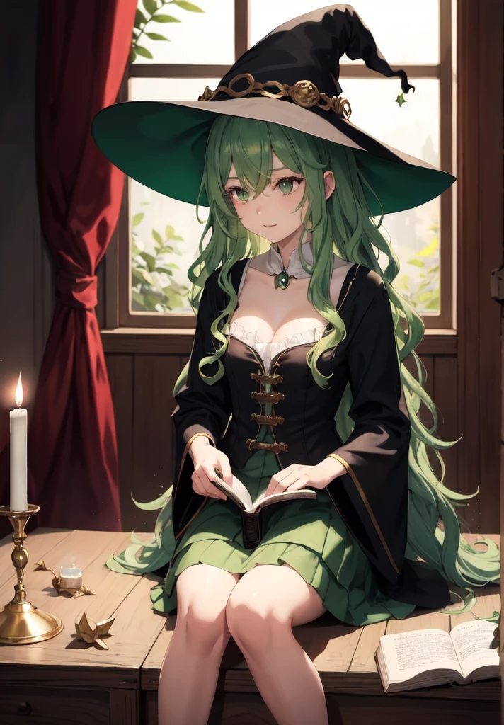 original character , beautiful girl with green wavy hair , witch hat , sitting in a dimley lit room , candles , casting a spell , sitting on the floor , dark room , reading a spell book, looking away , shallow depth of field , rendered , stunning details