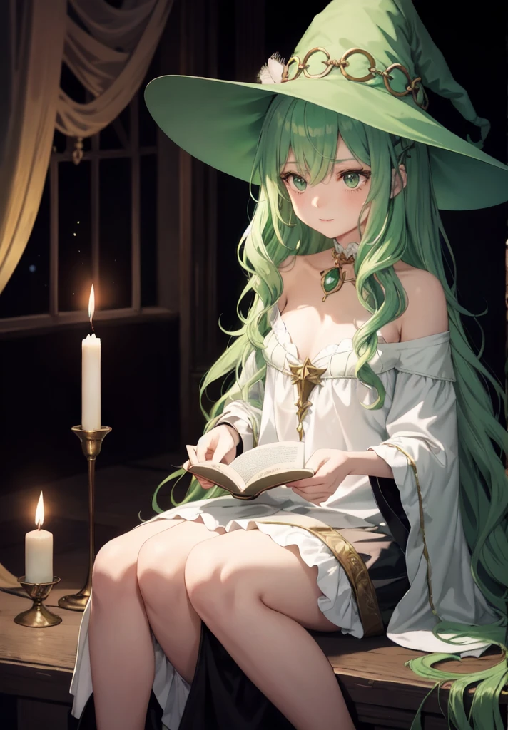 original character , beautiful girl with green wavy hair , witch hat , sitting in a dimley lit room , candles , casting a spell , sitting on the floor , dark room , reading a spell book, looking away , shallow depth of field , rendered , stunning details