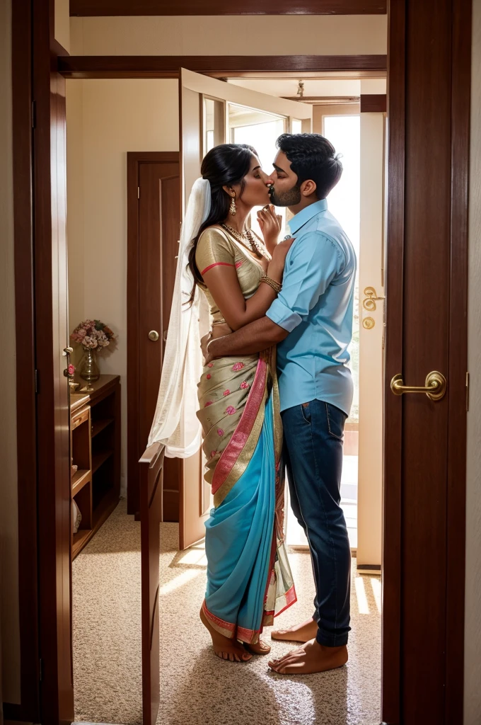 35mm film photography, A middle-aged Caucasian man with short dark hair tenderly embracing and kissing a young, curvaceous South Indian bride dressed in a traditional Indian dawani in a comfortable living room. A group of three Caucasian men observing the couple., high detail, split gradient colors background, full body image