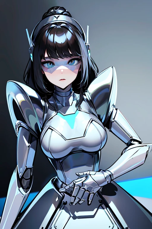 empty eyes,robotized woman ,big bust,Robot Joint ,Metal skin,dress,android,Robot Suit
