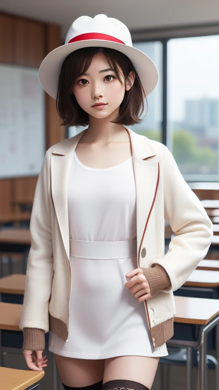 Katoumegumi, Megumi Katou, Brown Hair, short hair, (Brown eyes:1.7),
break hat, Jacket, Long sleeve, Knee socks, White Hat, white Knee socks, dress, white dress, (red Jacket:1.5), (White Hat:1.5), Open cardigan, Open clothes,
break looking at viewer,
break indoors, classroom,
break (masterpiece:1.2), Highest quality, High resolution, unity 8k wallpaper, (figure:0.8), (Beautiful attention to detail:1.6), Highly detailed face, Perfect lighting, Highly detailed CG, (Perfect hands, Perfect Anatomy),