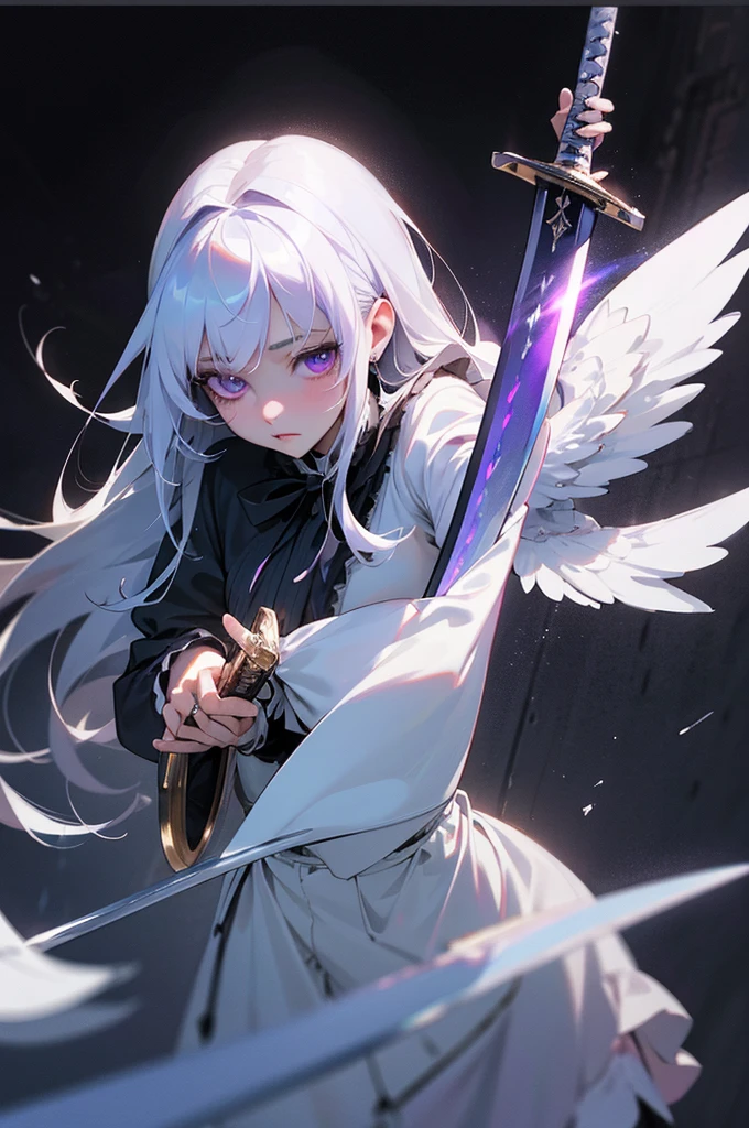 white gothic lolita angel of punishment, long white hair, purple eyes, 4 wings, (((((holding a long sword))))), mature, slim, tall, (best quality,4K,8K,mackerel,masterpiece:1.2),very detailed,(realistic,photorealistic,photo-realistic:1.37),intricate details,contrast lighting,cinematic lighting,dramatic shadows,surreal,occult,ethereal,dark fantasy,piercer