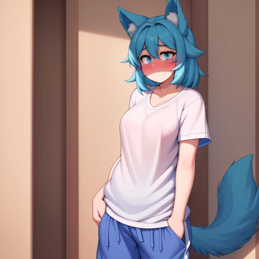 (Masterpiece) (High Detail) (High Res) A short little slim humanoid girl with pale human skin and blue eyes and long blue hair and blue dog ears and a fluffy blue dog tail and average breasts. She is dressed in a white t-shirt and grey baggy joggers. She has her hands in her pockets and is looking shy and has blushing cheeks.