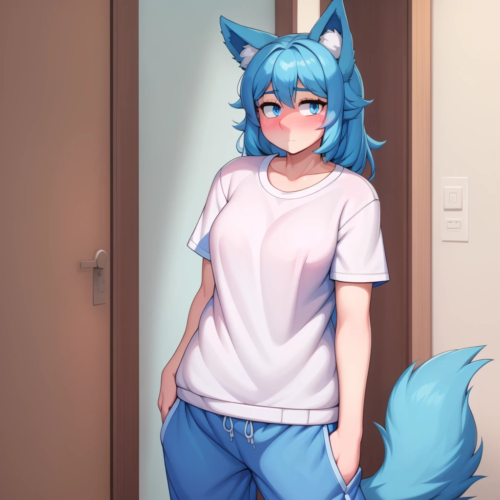 (Masterpiece) (High Detail) (High Res) A short  slim humanoid girl with pale human skin and blue eyes and long blue hair and blue dog ears and a fluffy blue dog tail and average breasts. She is dressed in a white t-shirt and grey baggy joggers. She has her hands in her pockets and is looking shy and has blushing cheeks. 