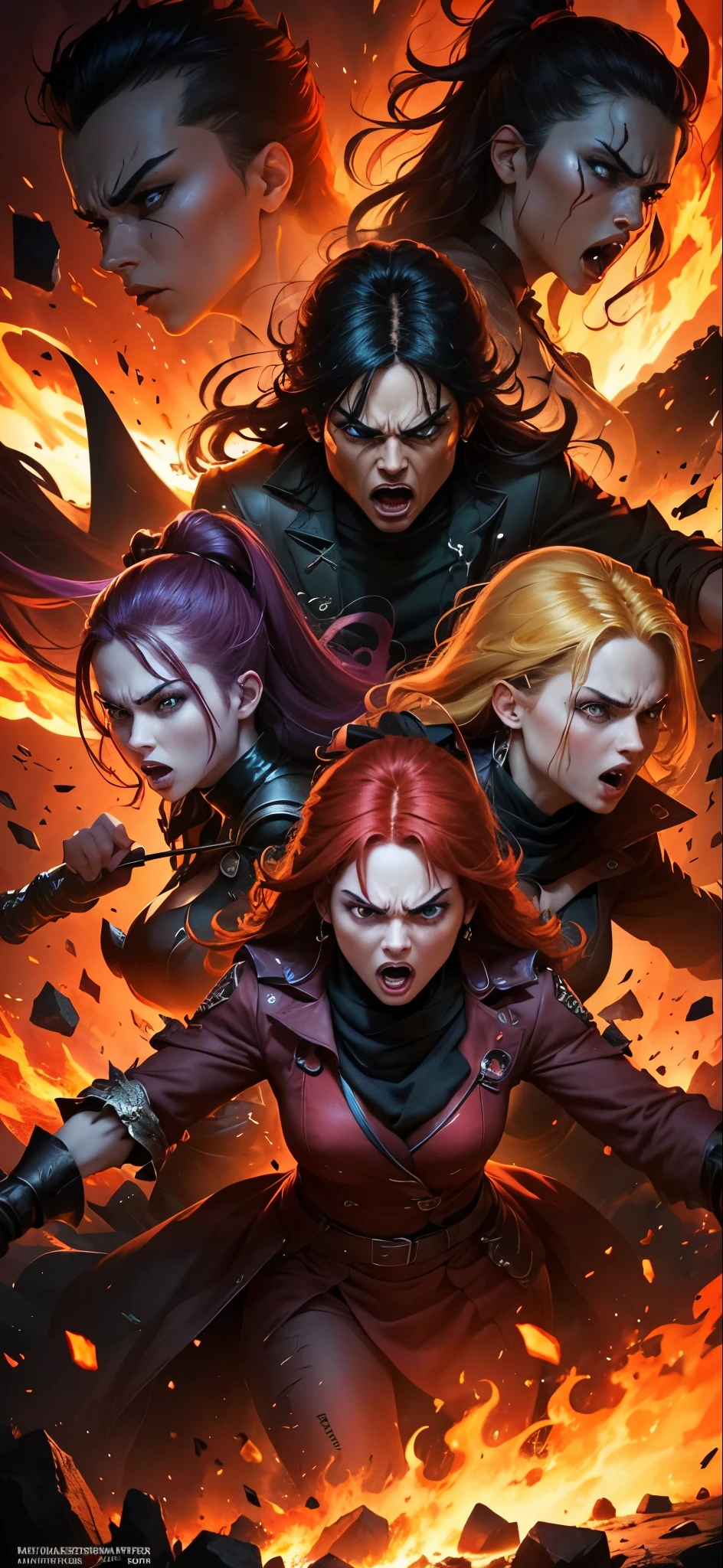 A group of individuals, each dressed in different vibrant colors, representing various MBTI personality types, all showcasing intense and explosive anger. Their expressions are fierce, and their body language is dynamic and confrontational, indicating a range of emotions from frustration to rage. The background is a chaotic and dramatic environment, with elements like broken objects, swirling energy, or fiery effects to emphasize the intensity of their anger. The scene is creative and imaginative, designed to be eye-catching and suitable for a thumbnail image. The colors should be vivid and contrasting to make each character stand out.