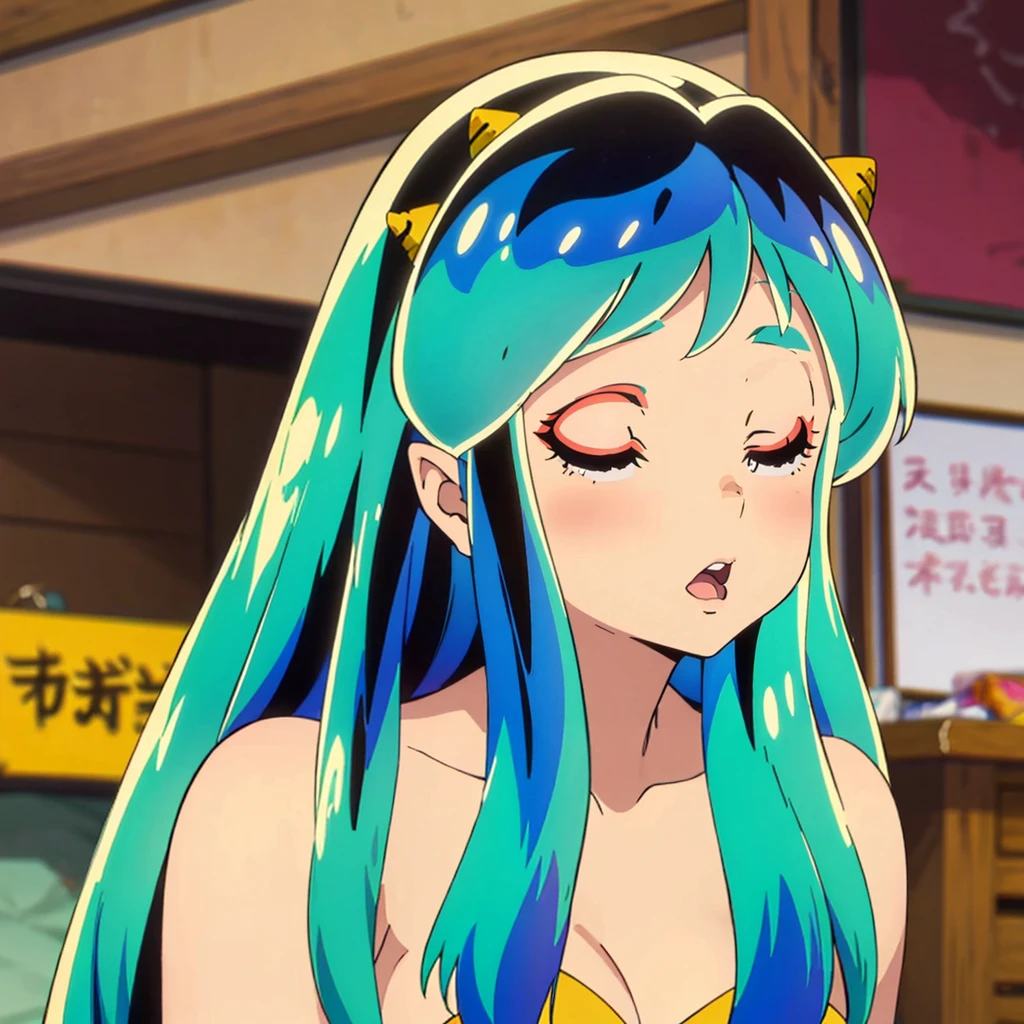 masterpiece, Highest quality, 1 Girl, Lum, 比基尼, anime, Face close-up, Charm, 18-year-old, Ahegao, My hair is messy, Open your mouth slightly, lipstick, sexy, painful, Being spoiled, Sleeping with eyes closed
