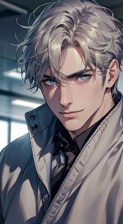 (best quality,4k,8k,highres,masterpiece:1.2),ultra-detailed,(realistic,photorealistic,photo-realistic:1.37),1 man,31 years old,mature man,very handsome,without expression,smile,short grey hair,blue eyes,penetrating gaze,perfect face without errors,imposing posture,businessman,office background,cinematic lighting,hdr image