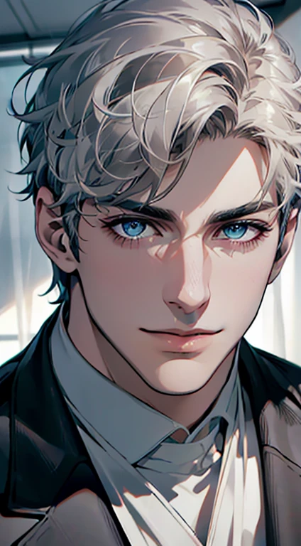 (best quality,4k,8k,highres,masterpiece:1.2),ultra-detailed,(realistic,photorealistic,photo-realistic:1.37),1 man,31 years old,mature man,very handsome,without expression,smile,short grey hair,blue eyes,penetrating gaze,perfect face without errors,imposing posture,businessman,office background,cinematic lighting,hdr image