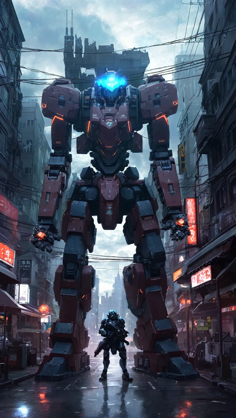 sky, cloud, holding_weapon, no_humans, glowing, , robot, building, glowing_eyes, mecha, science_fiction, city, realistic,mecha