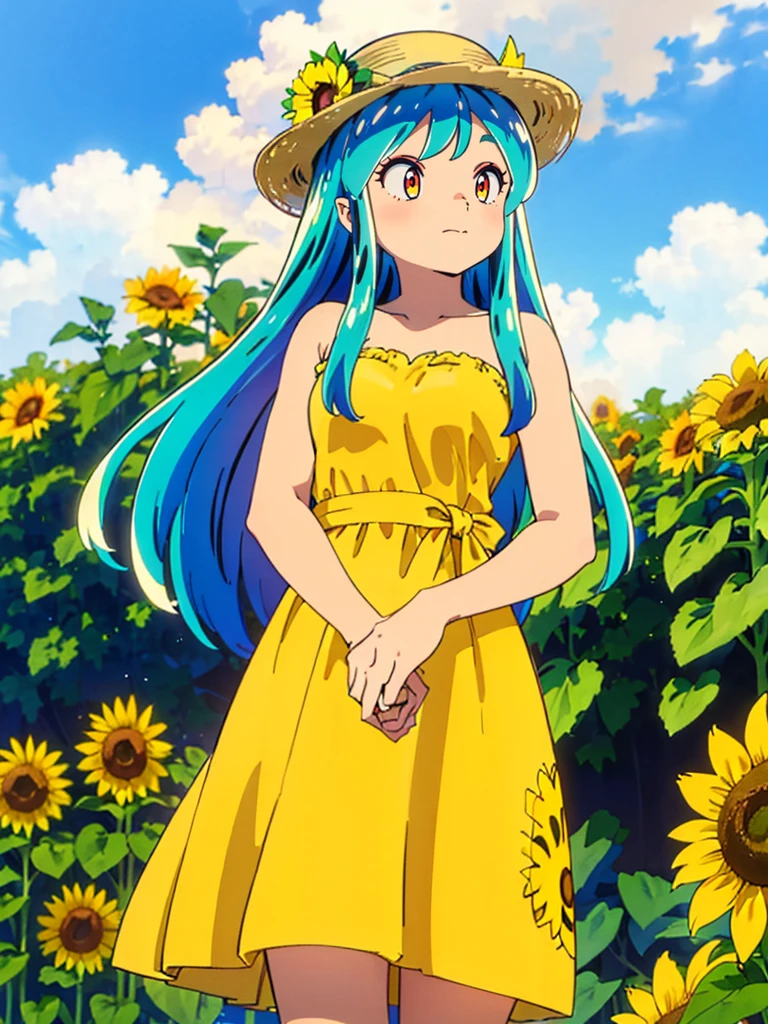 (masterpiece、Highest quality)、1 Girl、Lum, Yellow dress, White straw hat、 Hold the hat in your hand、Squint your eyes and laugh、 Laughing with your mouth open、 Sunflower field、Are standing、 From below、 Gaze Here、 High definition