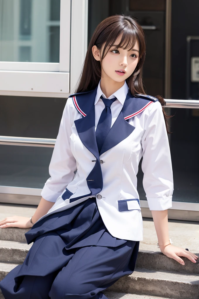 (Mejor calidad,hyper realistic,ultra detallado,8K), adolescente, Fifteen years old, shy, sad, palidez, grandes ojos azules, piel muy blanca, small nose, very short brown hair with bangs, melancholia, delicado, femenino, flaco, elegante uniforme escolar blanco, Boina francesa roja, calle de noche, Torre Eiffel, Luces de la ciudad, blue tie, falda corta con tirantes, gato blanco.