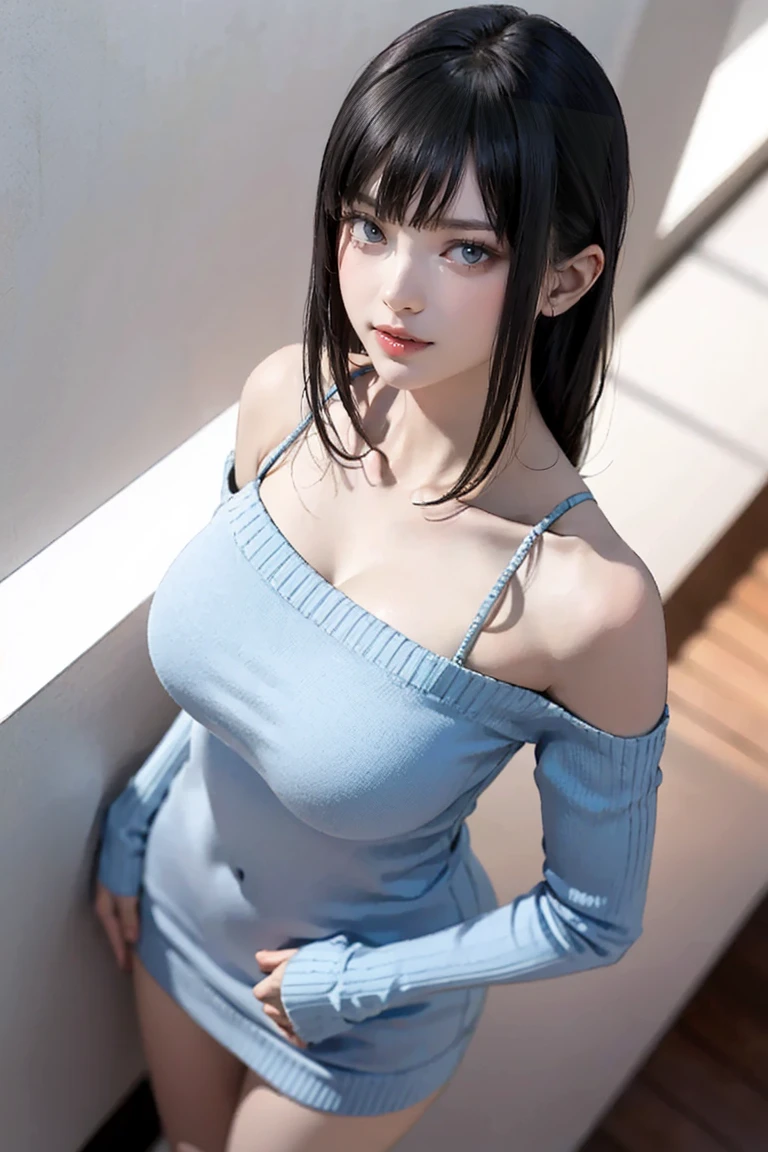 ((Highest quality、Best image quality、Ultra-high resolution、Ultra-high resolutionで描画、solo、Please look closely at the camera、Bright aquamarine blue eyes、Very beautiful adult Nordic woman、Strong eye highlights))、1 girl、Realistic、Depth of written boundary、Natural soft light、Daytime、attractive、Beautiful Face、Cleanliness、Pure Face、White skin、cute、short hair、Beach、Light of the sun、nedium chest、Esbian all over、((Dark blue sweater、Quite thick shoulder straps,、Roll up your sleeves and stick your arms out、黄金比のBeautiful Face、{huge|big|hugeな|Mega} chest, chestの谷間、Very beautiful large breasts、Beautiful and very large breasts、私はchestを開いた、Show to the audience、Expose your hips、Expose your shoulders、Lean forward to show off your chest))、Long neck、Listen carefully、Neat short bob with bangs、Very smiling、Perfect Fingers、Perfect hands、Perfect body、Perfect Face、Shine a light into your eyes、Perfect Anatomy、Tall Supermodels、Long-legged supermodel、Supermodel with a Long neck、Broad shoulders、Arms hang down at sides、stand、Bust seen from slightly above、Bright windowsill background、Smile at the audience、Laughter、smile、今日はとてもbig、Beautiful Teeth、Beautiful Teeth alignment、chestを大きく開く、Beautiful décolletage、Very beautiful sexy woman in revealing clothes、Keep an eye on your audience、Look up at the viewer slightly above、Look up a little、Shadow Fade、A little bit of natural light comes in from all directions.
