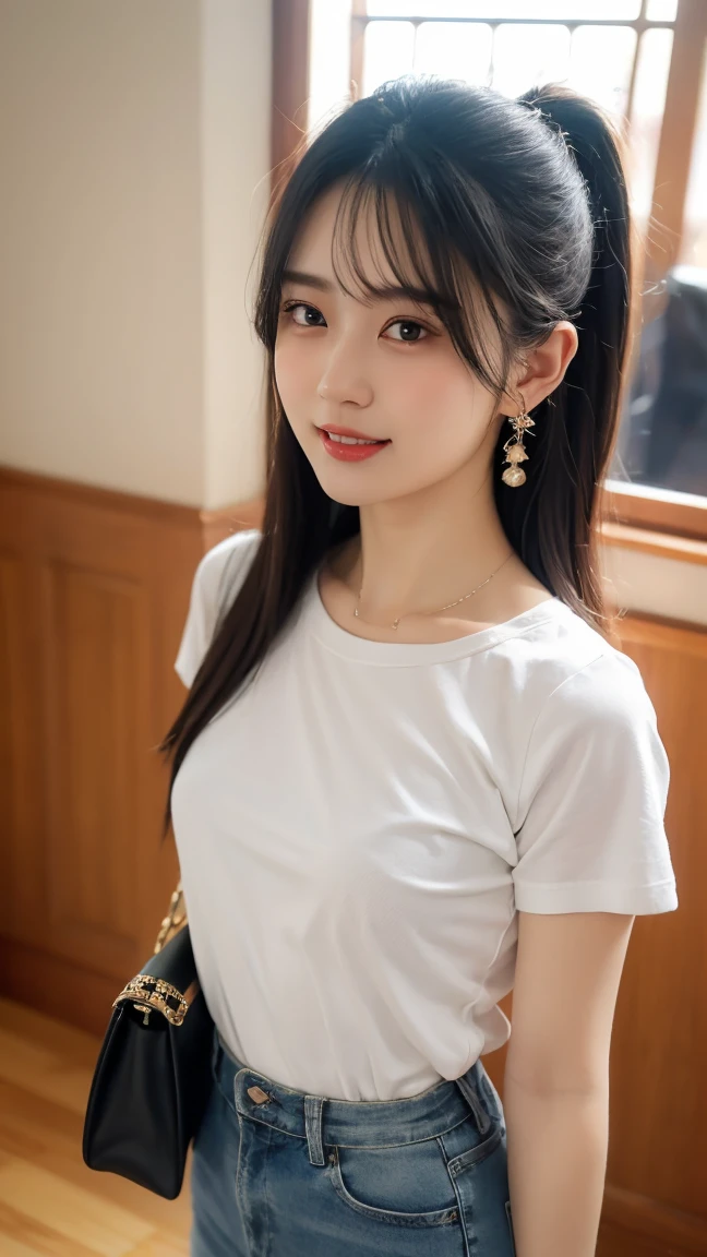 最high quality, (masterpiece:1.2), Very detailed, Are standing, School, indoor, Cat ear, One girl, alone, tojou koneko, Looking at the audience, Mouth closed, smile, From above, Yellow Eyes, Gray Hair, short hair , hair ornaments, beautiful, beautiful woman, Perfect body, Perfect breasts, Wearing an oversized white T-shirt, Short jeans, Wearing a handbag, clock, Wear earrings, Comfortable shop, Department store, ponytail, Looking at the audience, A small smile, realism, masterpiece, Textured skin, Super detailed, High detail, high quality, 最high quality, 1080P, 16K, Cat ear