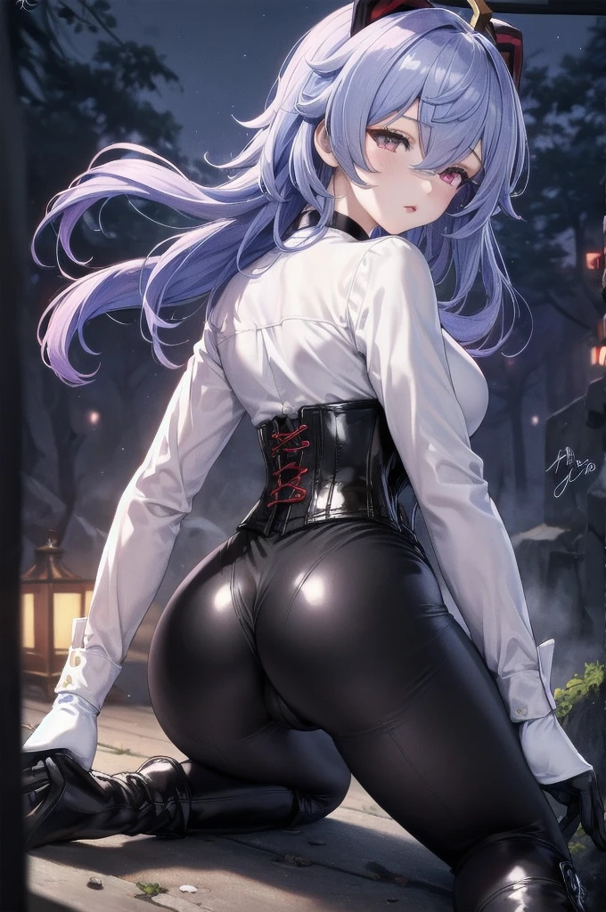 Masterpiece, Beautiful art, professional artist, 8k, sleeping expression, very detailed face, Detailed clothing, detailed fabric, 1 girl, Hiring, (genshin impact), view from behind, doggy position, on all fours, showing the ass, perfect ass, perfectly drawn body, pale skin, shy expression, beautiful face, agregar cuernos de Hiring en la cabeza, Long sky blue hair, 4k eyes, very detailed eyes, pink cheeks, choker:1.6, (white long sleeve button down shirt with white collar), black gloves, gloves that cover hands, (black leather corset), (shiny black leggings), Black leather boots, Sensual Lips, show details in the eyes, dark forest, at night, Atmosphere, fog