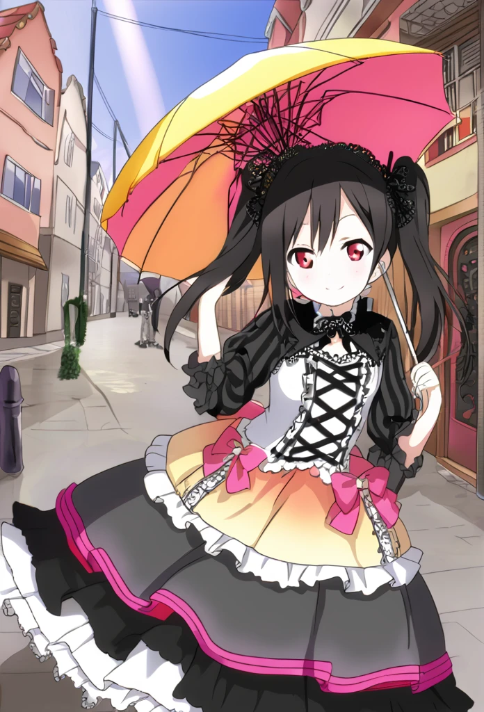 Yazawa Nico　Black Hair　Red Eye　Twin tails　Pink hair ribbons on both sides　white gothic  fashion　Gothic Lolita style parasol　Urban Scene　smile　Smaller breasts　Shining　sun　One Girl
