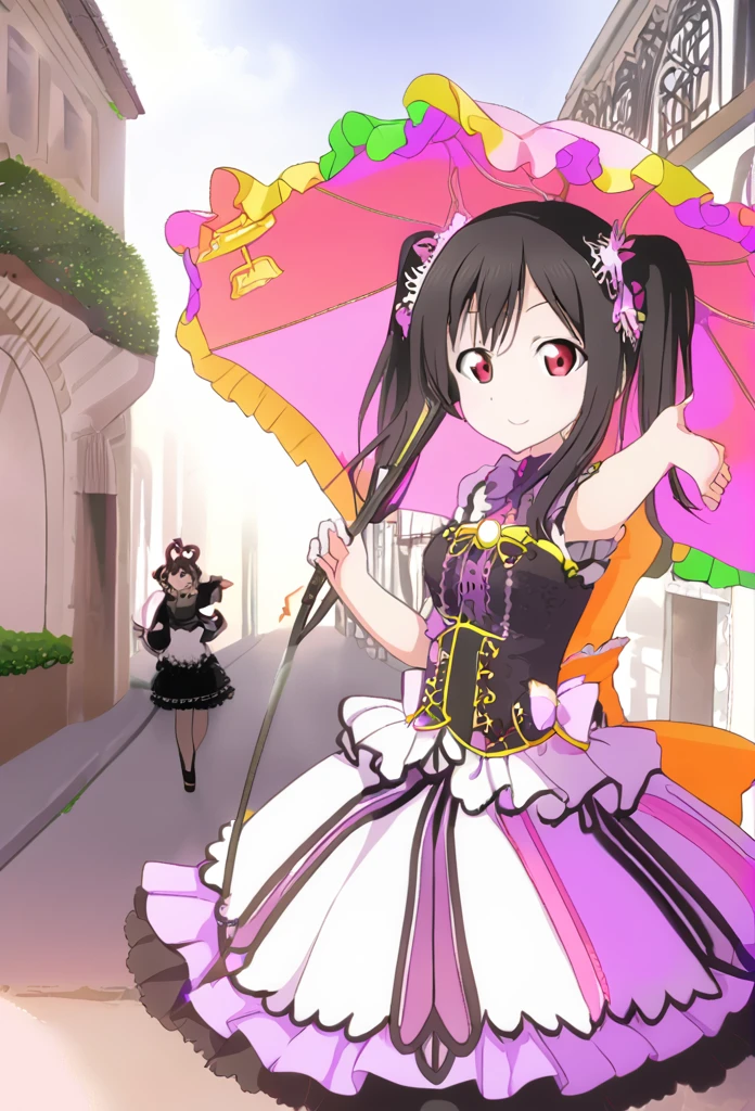 Yazawa Nico Black Hair Red Eye Twin tails Pink hair ribbons on both sides white gothic fashion Gothic Lolita style parasol Urban Scene smile Smaller breasts Shining sun One Girl