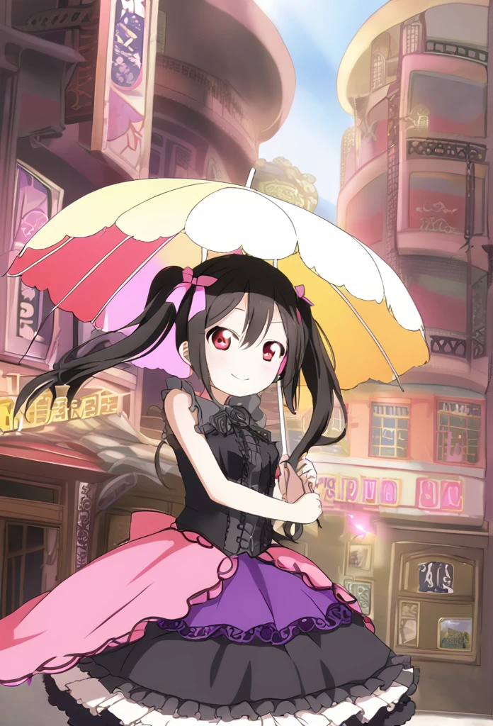 Yazawa Nico　Black Hair　Red Eye　Twin tails　Pink hair ribbons on both sides　white gothic  fashion　Gothic Lolita style parasol　Urban Scene　smile　Smaller breasts　Shining　sun　One Girl