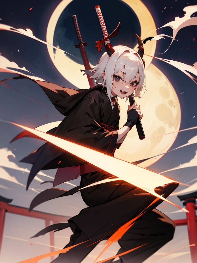 Shamisen, black eyes, demon horns, short white hair, ninja costume, torii gate, man, full moon, fangs
