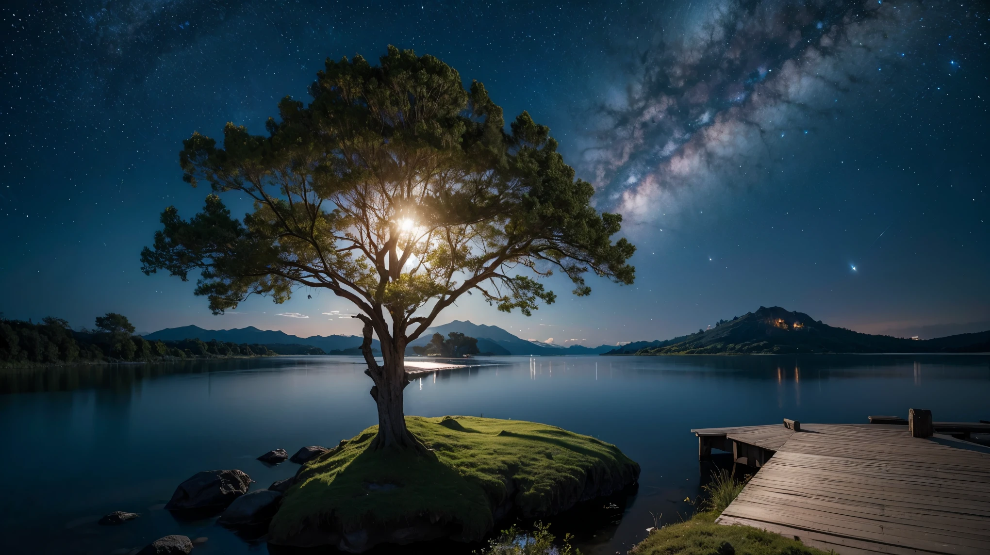 world Tree,Remains,Large Lake,The stars twinkle,Vast Nature,Mystical Gemstones