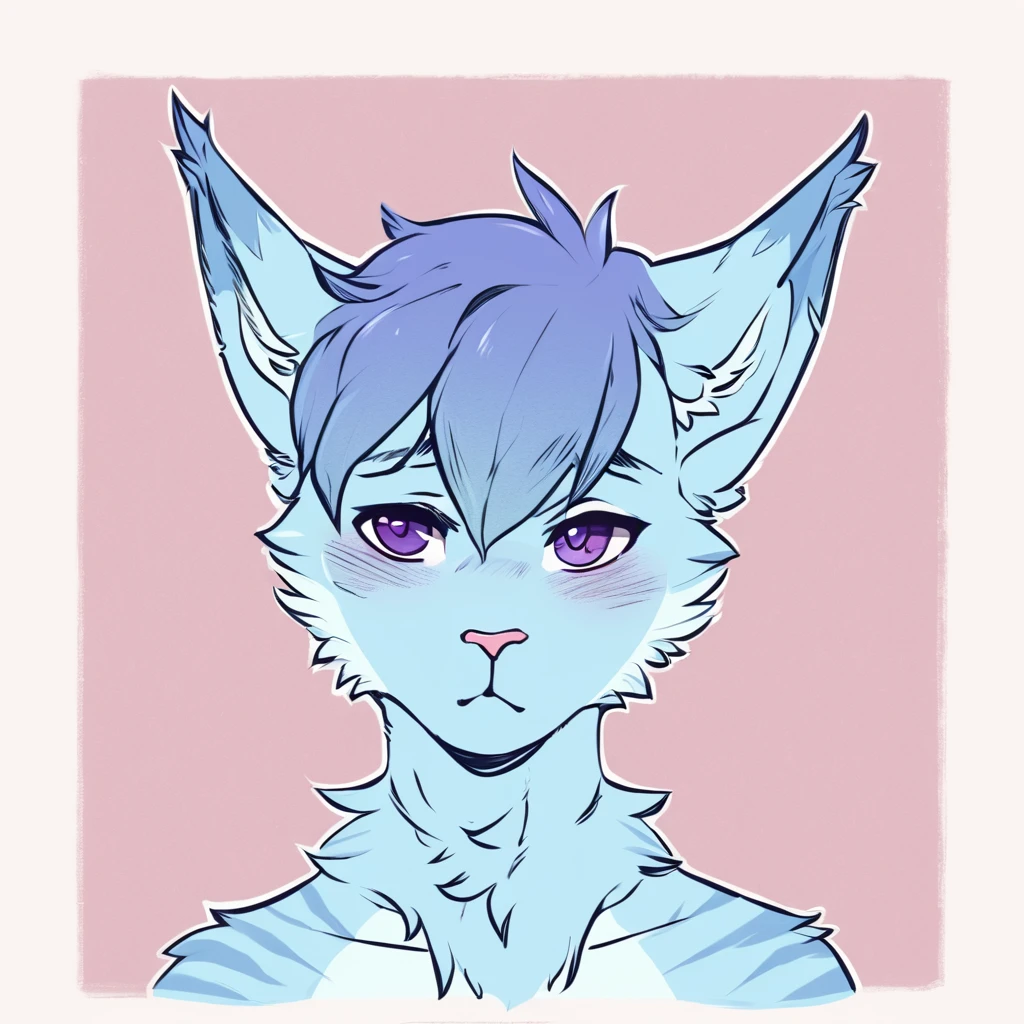 adult, feline, mammal, anthro, anthropomorphic, cat, striped, fur, striped_feline, fur, furred_anthro, femboy, male, light_blue chest cerulean_hair, fluffy, ears, azure_blue_ears, purple_eyes, cerulean_hair, expressive eyes, feline_ears, azure_blue_fur, light_blue_chest, shy, small_pupils, digital_art, high_resolution, high_res, hand-drawn, pencil_lines, head_visible, background, neck_visible, seductive_face, white_outline, detailed_line_work, profile_picture, head_visible, tail