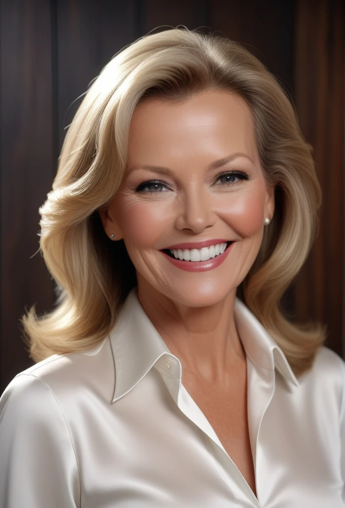 Cheryl Ladd, smiling a big, toothy smile, close-up, facial portrait,wearing white satin shirt, a dark, stained wood panel wall in the background, professional quality digital photograph, 32k UHD, hyper realistic, photorealistic, realistic, extremely colorful, highly detailed, sharp, vibrant, masterpiece, best quality, intricate details, gorgeous, cinematic, vibrant, focused, clear