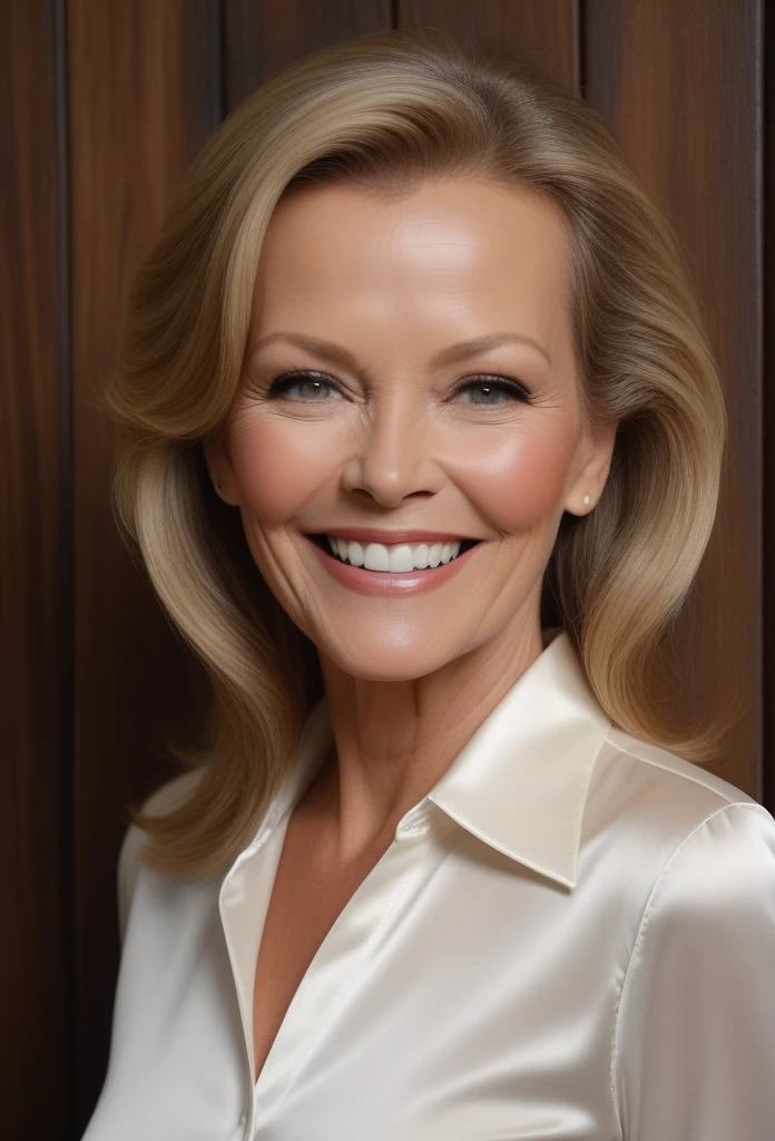 Cheryl Ladd, smiling a big, toothy smile, close-up, facial portrait,wearing white satin shirt, a dark, stained wood panel wall in the background, professional quality digital photograph, 32k UHD, hyper realistic, photorealistic, realistic, extremely colorful, highly detailed, sharp, vibrant, masterpiece, best quality, intricate details, gorgeous, cinematic, vibrant, focused, clear