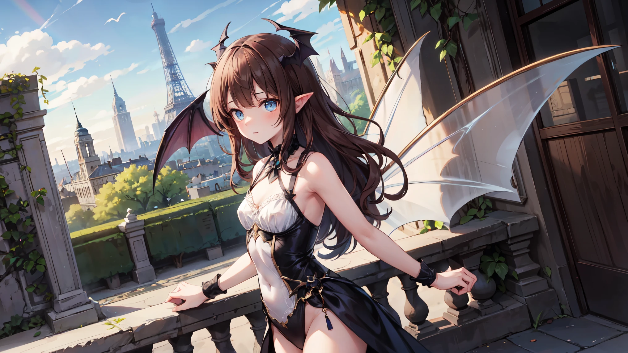 "Sexy fairy with long wavy brown hair, blue eyes, and white skin. She has a slim and elegant figure, Looks a bit lost. She has small black horns and translucent bat wings. She was wearing an exquisite blue and white Victorian dress.,With lace and ruffles, High slit. She held a small white flag, Poor and helpless, She had a sad look in her eyes. The succubus takes up most of the screen., Prominent status. Paris streets in the background,The Eiffel Tower in the distance,Or an old French castle,Covered with ivy and stone carvings."