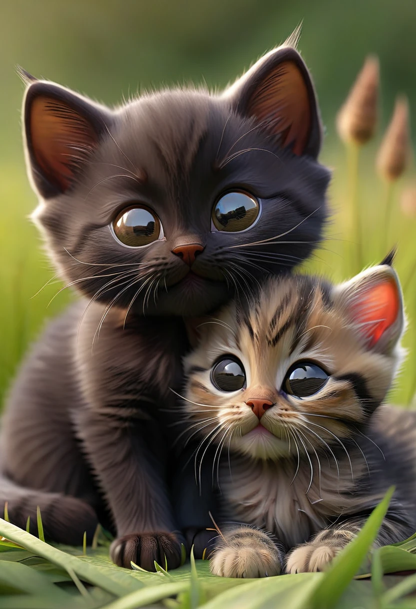 Black furry kitten huddled between Two dark tabby kittens on a grass smiling