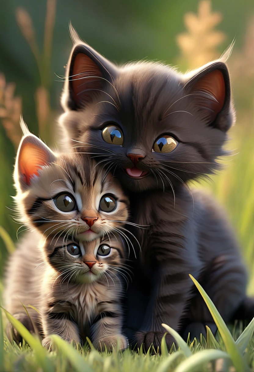 Black furry kitten huddled between Two dark tabby kittens on a grass smiling