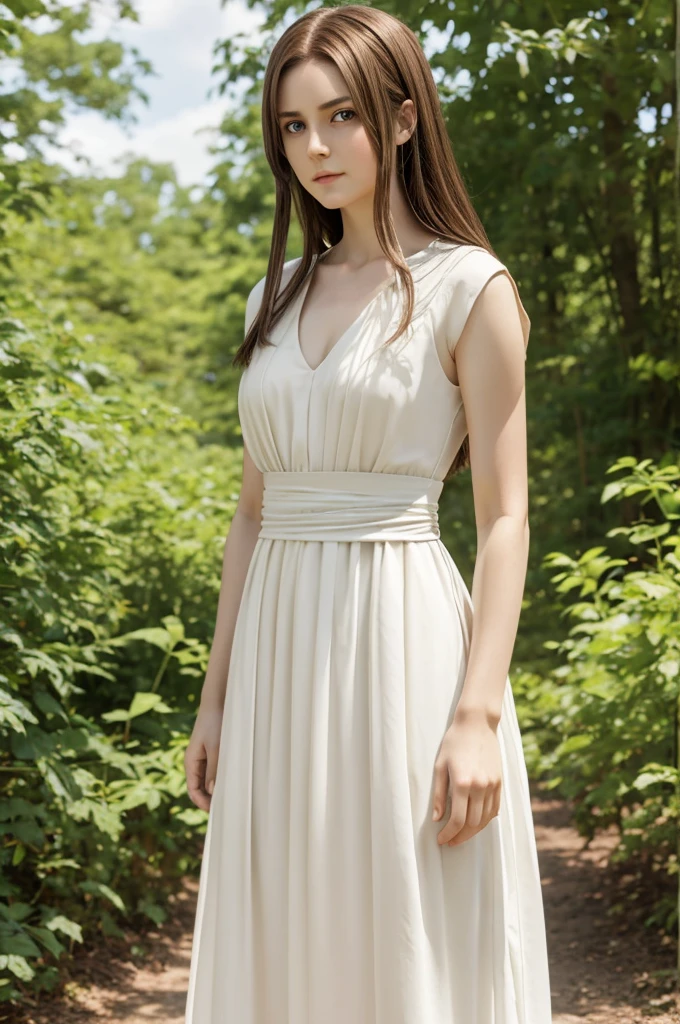 A female Shingeki no Kyojin character with waist-length brown hair, with green eyes, pale skin and wearing a long white dress