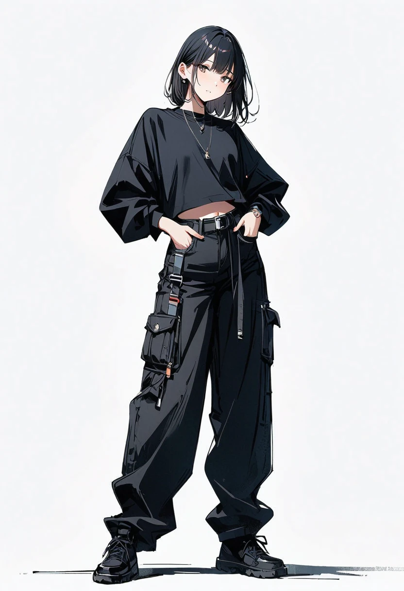 (masterpiece, Highest quality:1.2), 1 Girl, alone, , A loose black jumper, Loose pants , whole body, Simple Background, Simple Background,