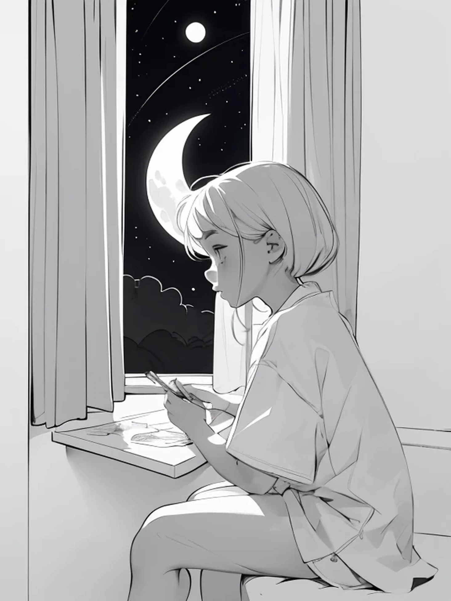 a coloring book page, a cute girl on a room watching de moon throught the window, black and white, simple and minimal, perfect shapes, only lineart, no gray or shades