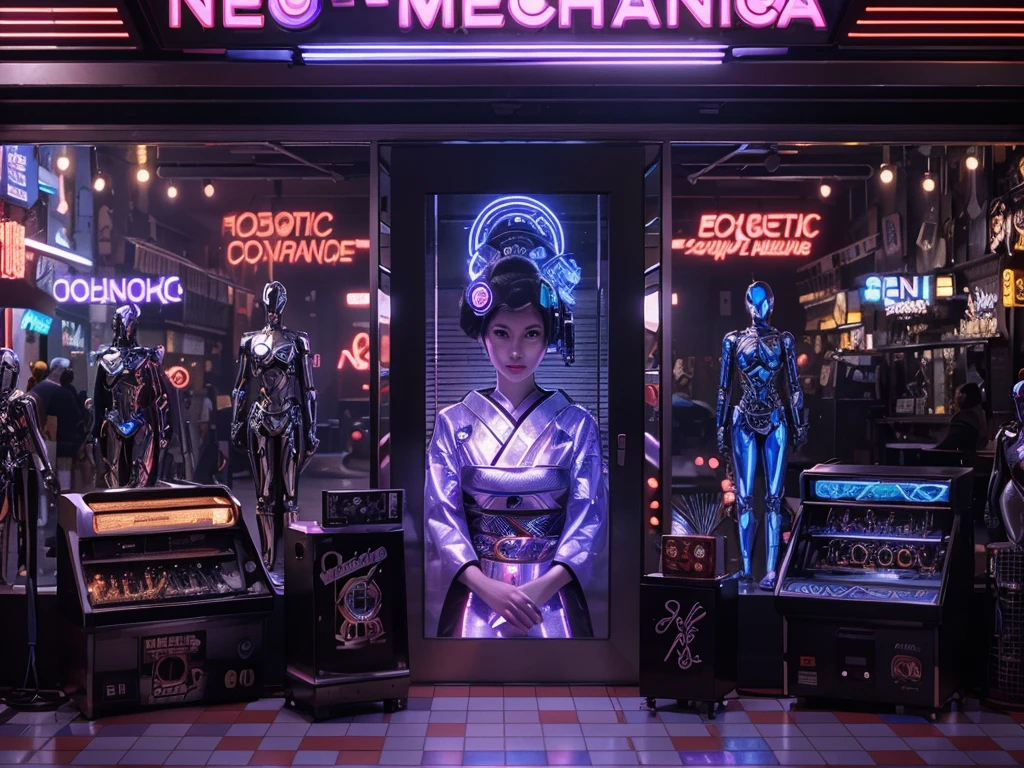 A neon-lit retrofuturistic street, Neo-Mechanica shop, robotic geisha mural, chrome mannequins, vintage arcade cabinets, robotic companions, checkerboard floor, robotic DJ, cybernetic humans and robots, cybernetic clerk, clanking metal, holographic price tags, digital voices, (best quality,4k,8k,highres,masterpiece:1.2),ultra-detailed,(realistic,photorealistic,photo-realistic:1.37),cyberpunk,synthwave,neon,chrome,holographic,pixelated,retro-futuristic,cinematic lighting