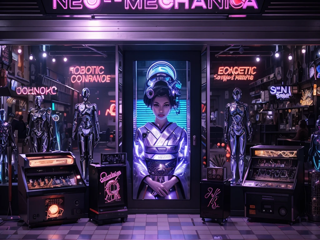 A neon-lit retrofuturistic street, Neo-Mechanica shop, robotic geisha mural, chrome mannequins, vintage arcade cabinets, robotic companions, checkerboard floor, robotic DJ, cybernetic humans and robots, cybernetic clerk, clanking metal, holographic price tags, digital voices, (best quality,4k,8k,highres,masterpiece:1.2),ultra-detailed,(realistic,photorealistic,photo-realistic:1.37),cyberpunk,synthwave,neon,chrome,holographic,pixelated,retro-futuristic,cinematic lighting