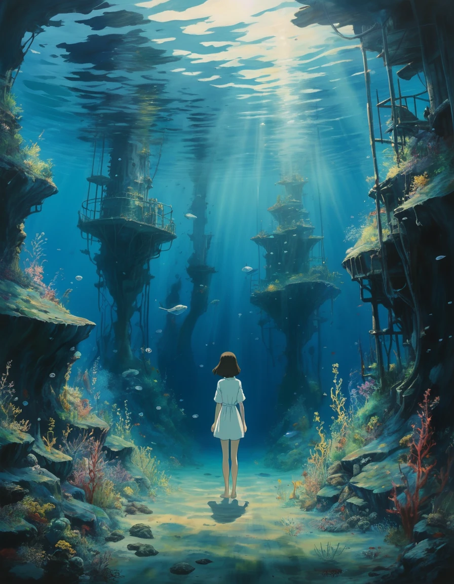 Ghibli style,A painting inspired by Hayao Miyazaki,No humans,Beautiful underwater footage,Mysterious, as if you were in water,