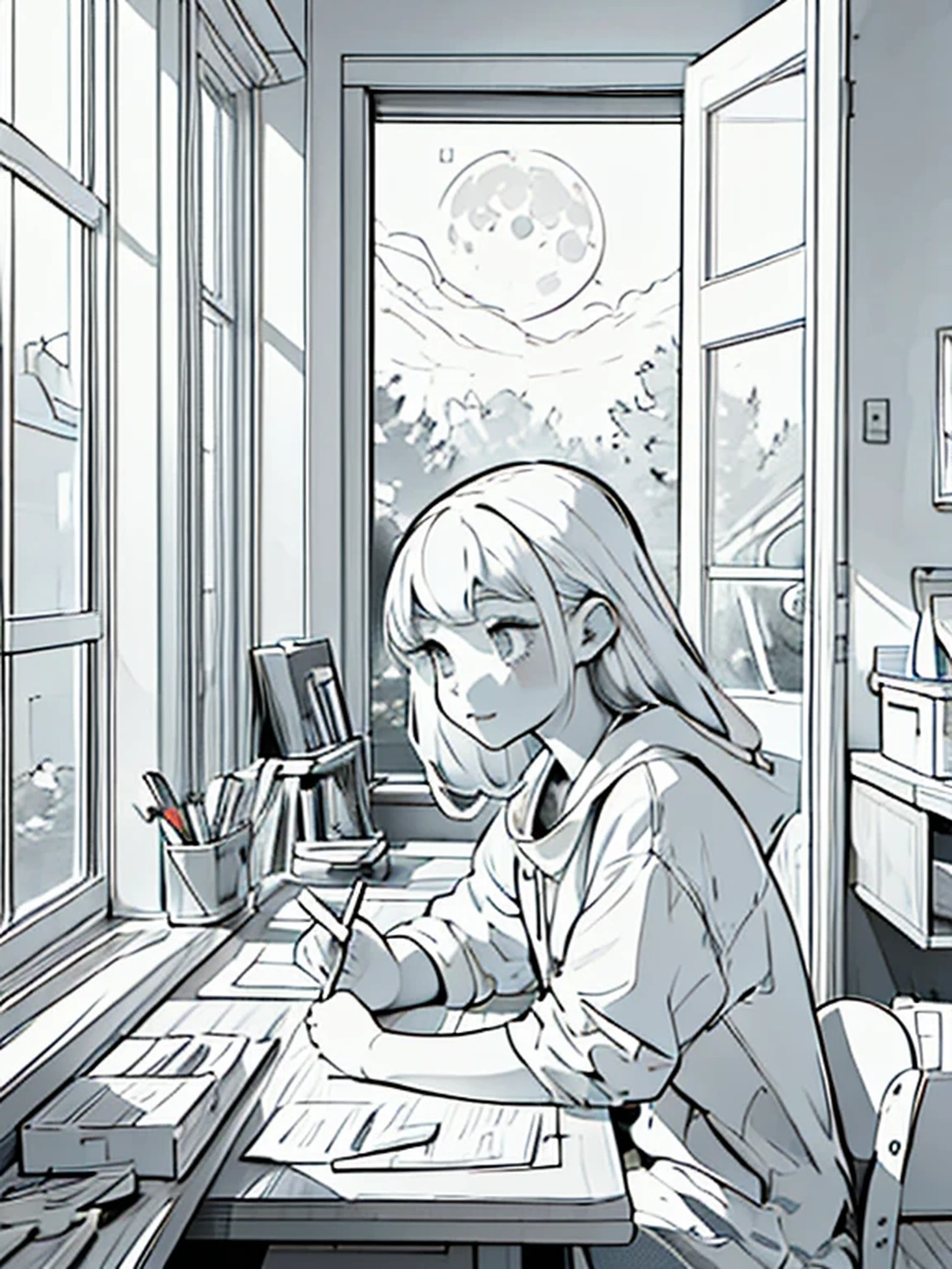 a coloring book page, a cute girl on a room watching de moon throught the window, black and white, simple and minimal, perfect shapes, only lineart, no gray or shades