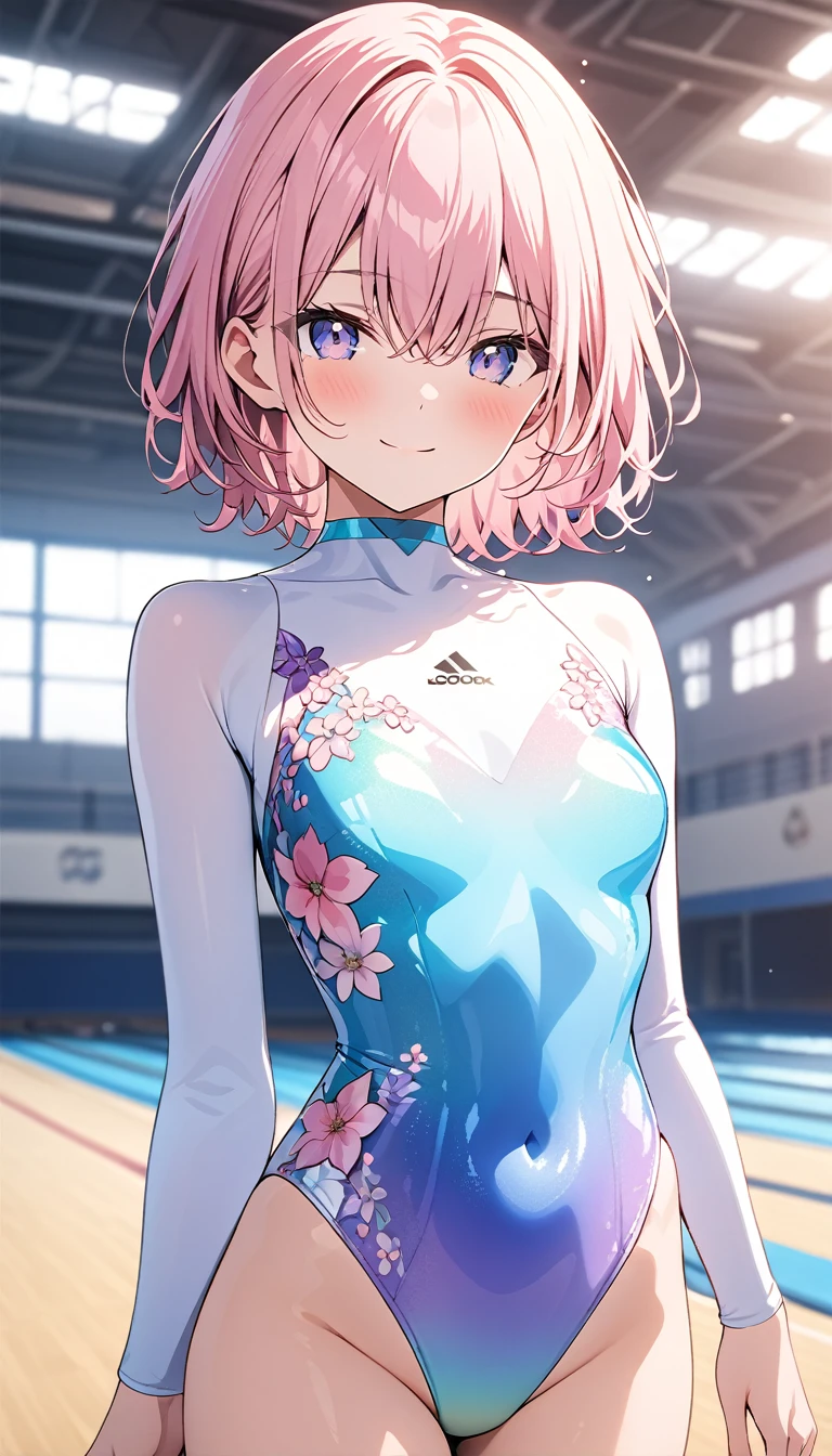 highquality illustration, masterpiece, very delicate and beautiful, attractive girl,(gymnastics leotard, Floral patterns leotard,long sleeve leotard with glittery decoration,high_leg leotard,athletic leotard,tight-fit leotard,iridescent gradient leotard,long-sleeve leotard),thin,slender body,slim,high school,gymnasium background,gymnastics club,gymnastics athlete,princess, beautiful eyes,light smile,(masterpiece, best quality:1.2), highres, extremely detailed CG unity 8k wallpaper, perfect lighting, Colourful, ultra-high res,4K,ultra-detailed, photography, 8K, HDR, 17 ages,cowboy shot,