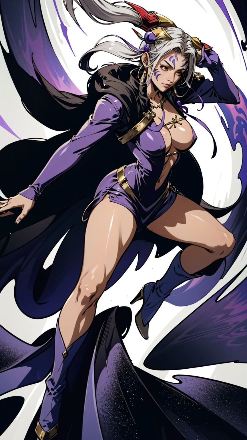 masterpiece, hyperrealistic, best quality, full body image, combat stance, (ultimecia from ffviii), horns, facial markings, white hair, time sorceress ultimecia's dress, purple magical energy around her