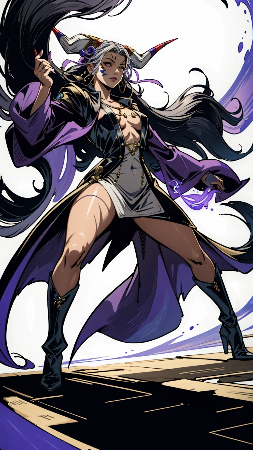 masterpiece, hyperrealistic, best quality, full body image, combat stance, (ultimecia from ffviii), horns, facial markings, white hair, time sorceress ultimecia's dress, purple magical energy around her